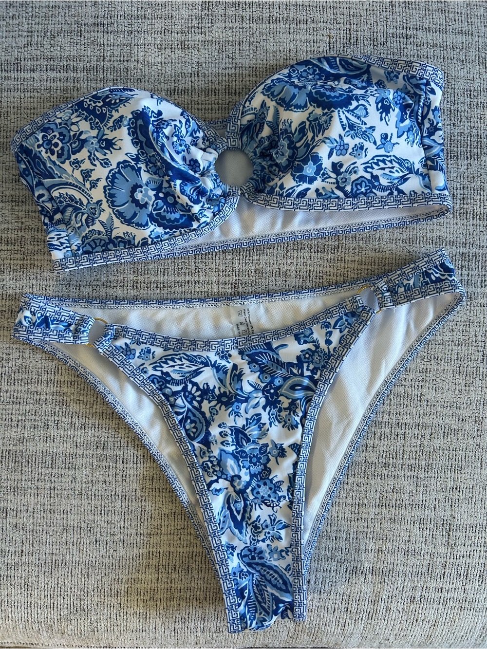 SHEIN Blue & White Floral Ring-Accent Bandeau Bikini Set